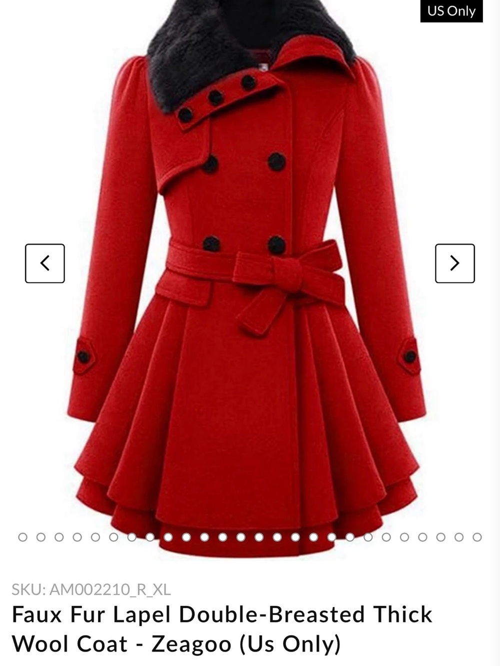 zeagoo Red Double-Breasted Fit-and-Flare Pea Coat with Black Faux Fur Lapel